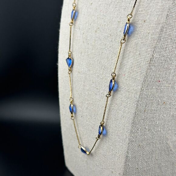 Blue Bezel Set Faceted Crystal Glass Hearts Gold-tone Chain Vintage Necklace 23" - Picture 4 of 8